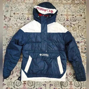 Columbia Mens Vintage Classic Navy Pullover Puffer Winter Hooded Jacket, sz SM